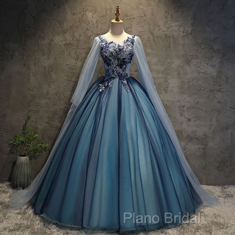 Blue Tulle Ball Gown Long Sweet 16 Dresses With Lace Applique, Formal Prom Dresses Secondary image