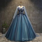Blue Tulle Ball Gown Long Sweet 16 Dresses With Lace Applique, Formal Prom Dresses