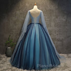 Blue Tulle Ball Gown Long Sweet 16 Dresses With Lace Applique, Formal Prom Dresses