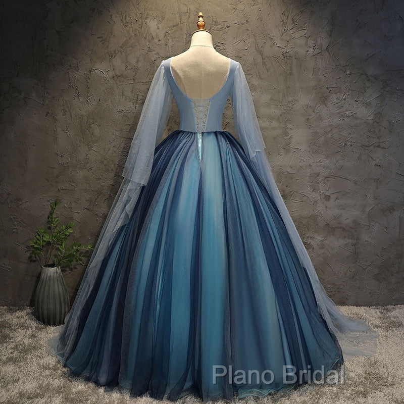 Blue Tulle Ball Gown Long Sweet 16 Dresses With Lace Applique, Formal Prom Dresses