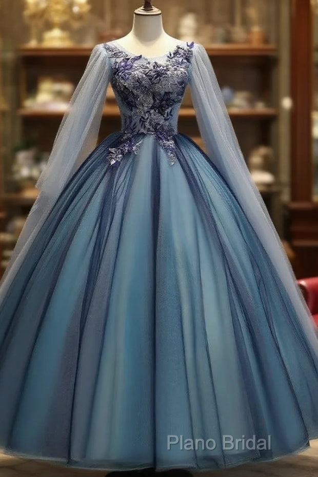 Blue Tulle Ball Gown Long Sweet 16 Dresses With Lace Applique, Formal Prom Dresses Main image