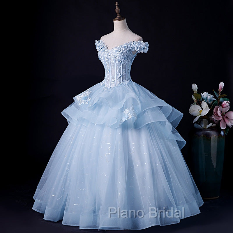 Blue Tulle Ball Gown Off Shoulder Layers Sweet 16 Dresses, Blue Formal Dresses with Lace Secondary image