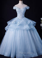Blue Tulle Ball Gown Off Shoulder Layers Sweet 16 Dresses, Blue Formal Dresses with Lace