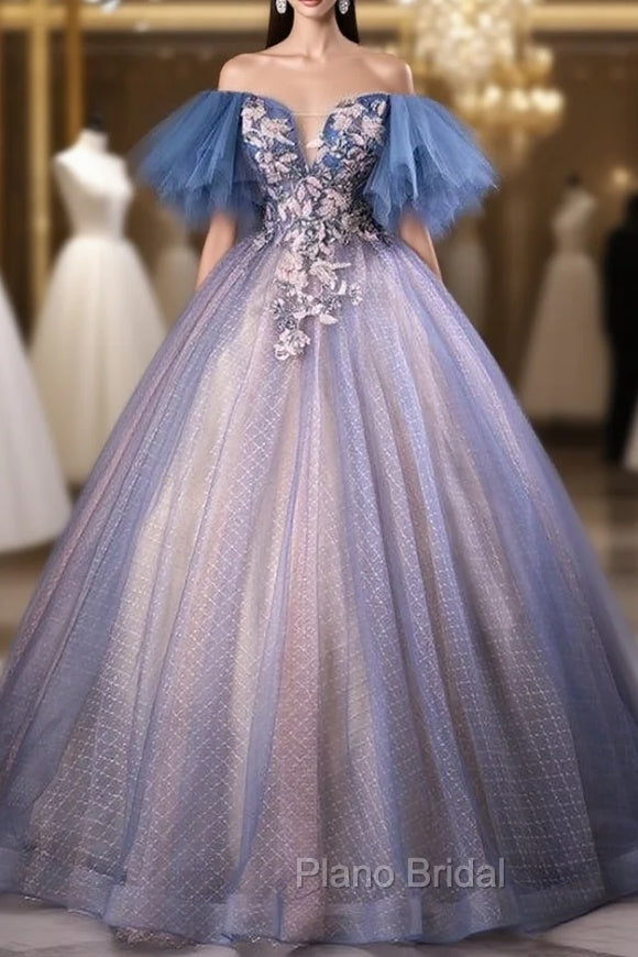 Blue Tulle Ball Gown Off the Shoulder Quinceanera Dresses Main image