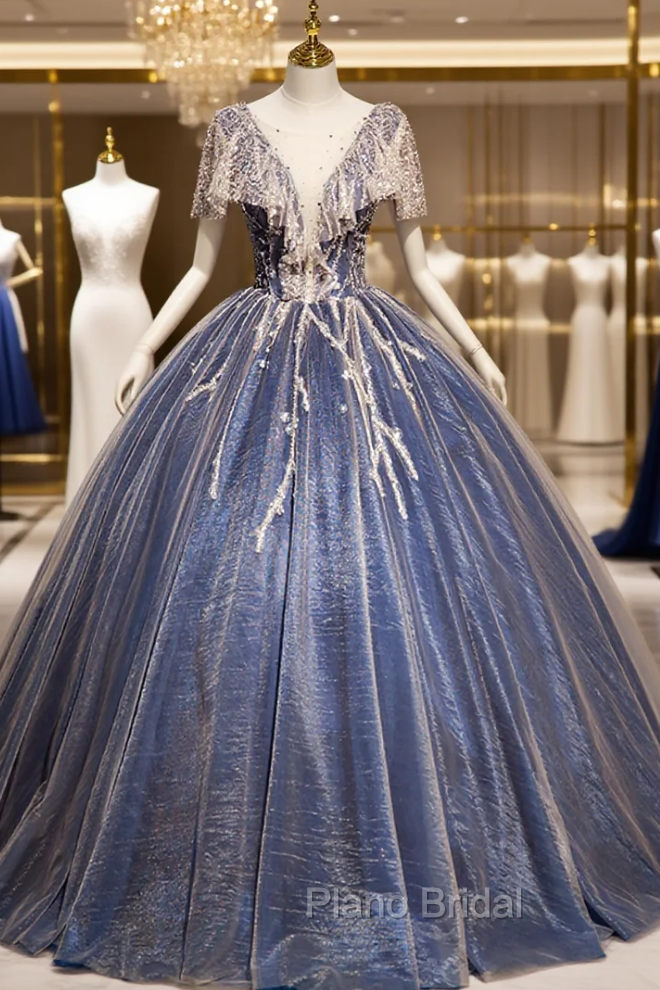 Blue Tulle Ball Gown Quinceanera Dresses