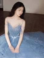 Blue Gorgeous Tulle Beaded Long A-Line Ball Gown Formal Evening Dresses