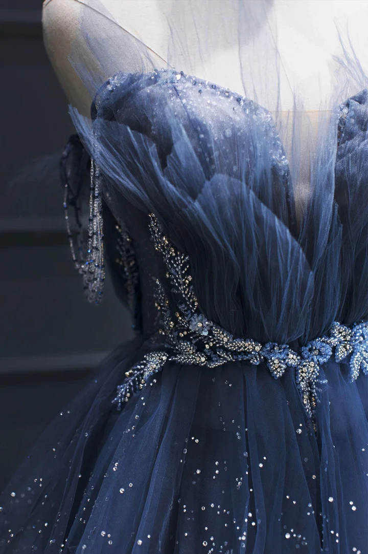 Blue Gorgeous Tulle Beaded Long A-Line Ball Gown Formal Evening Dresses Secondary image
