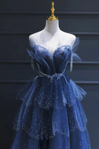 Blue Gorgeous Tulle Beaded Long A-Line Ball Gown Formal Evening Dresses