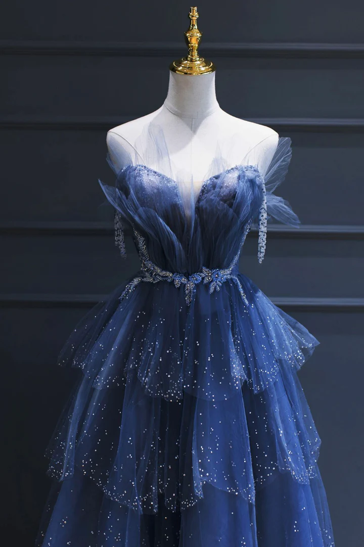Blue Gorgeous Tulle Beaded Long A-Line Ball Gown Formal Evening Dresses