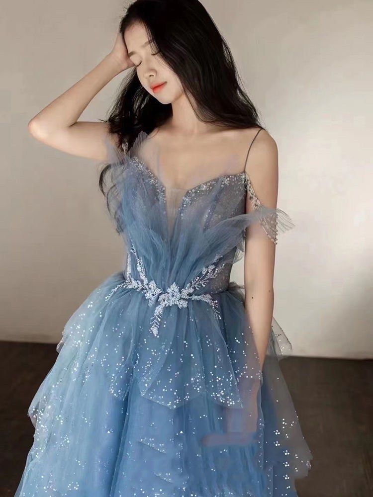 Blue Gorgeous Tulle Beaded Long A-Line Ball Gown Formal Evening Dresses