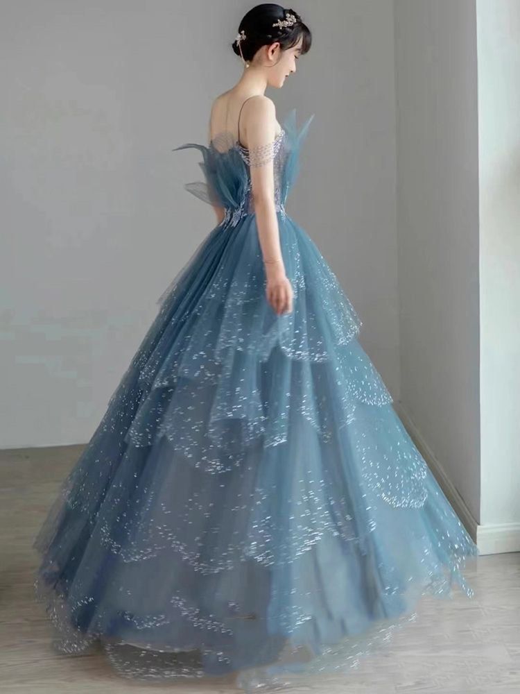 Blue Gorgeous Tulle Beaded Long A-Line Ball Gown Formal Evening Dresses
