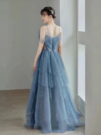 Blue Gorgeous Tulle Beaded Long A-Line Ball Gown Formal Evening Dresses