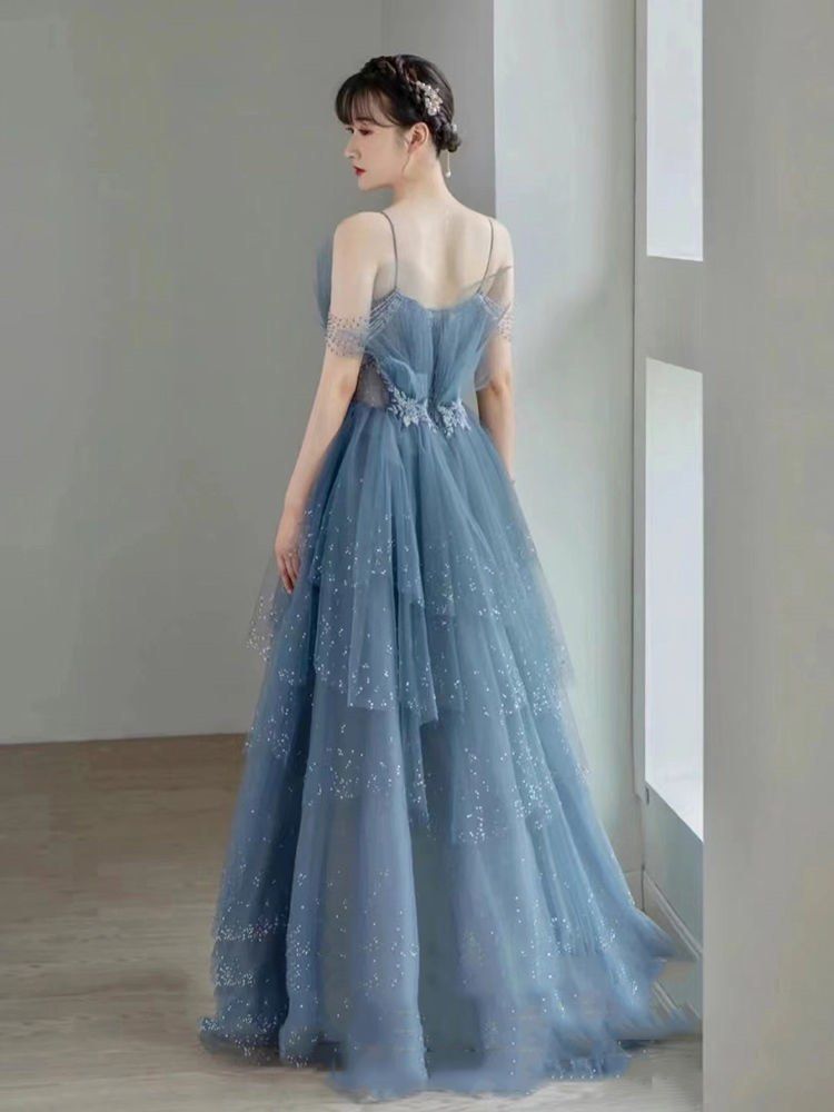 Blue Gorgeous Tulle Beaded Long A-Line Ball Gown Formal Evening Dresses