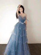 Blue Gorgeous Tulle Beaded Long A-Line Ball Gown Formal Evening Dresses