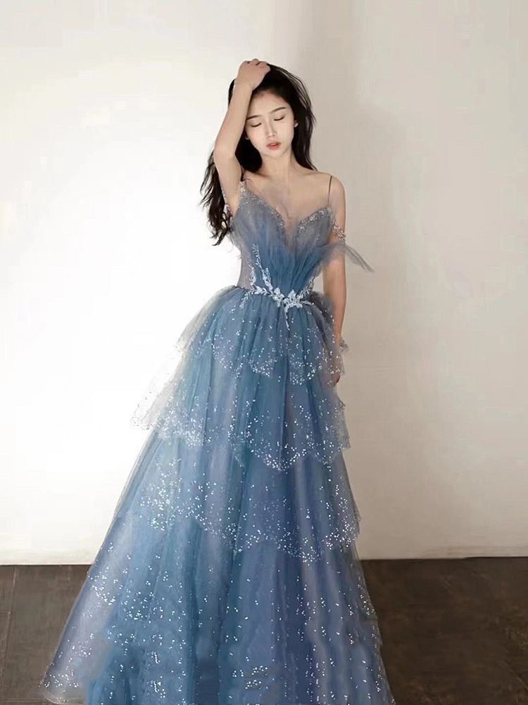 Blue Gorgeous Tulle Beaded Long A-Line Ball Gown Formal Evening Dresses