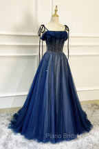 Blue Tulle Beaded Long A-Line Formal Prom Dresses, Blue Spaghetti Straps Evening Dresses