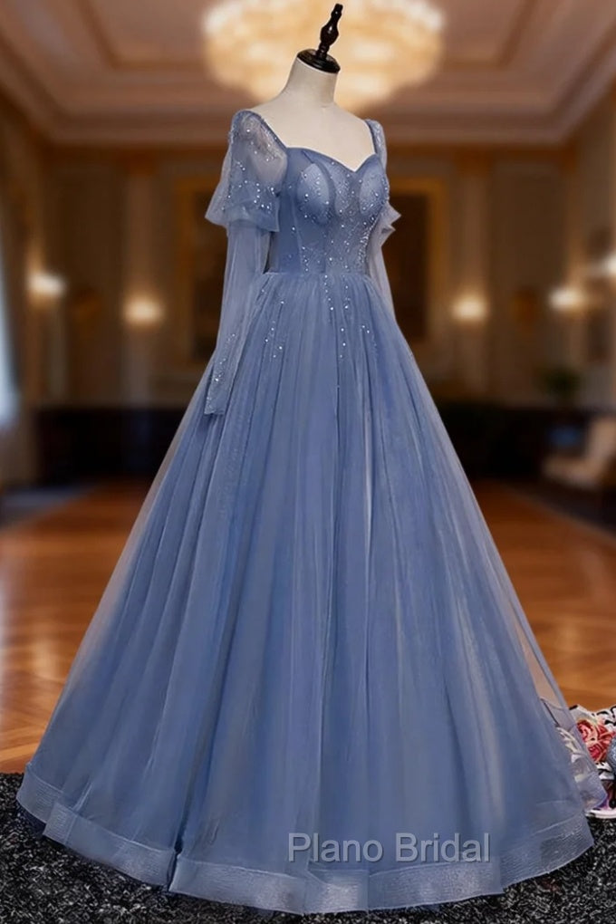 Blue Tulle Beaded Long Formal Dresses Party Dresses, A-line Wedding Party Dresses