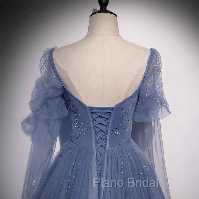 Blue Tulle Beaded Long Formal Dresses Party Dresses, A-line Wedding Party Dresses