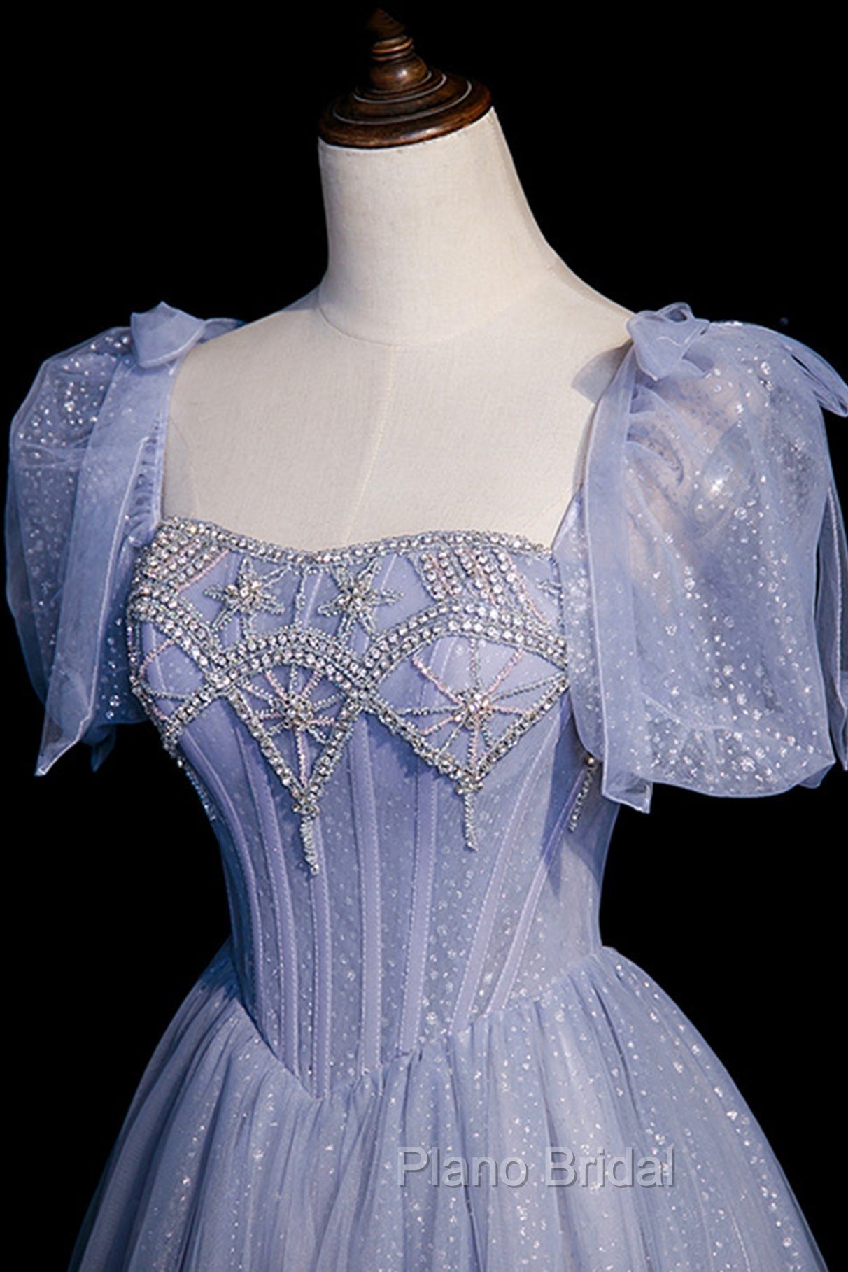 Blue Tulle Beaded Long Formal Prom Dresses, A-Line Blue Evening Party Dresses