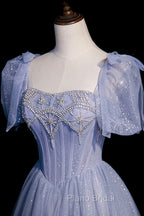 Blue Tulle Beaded Long Formal Prom Dresses, A-Line Blue Evening Party Dresses
