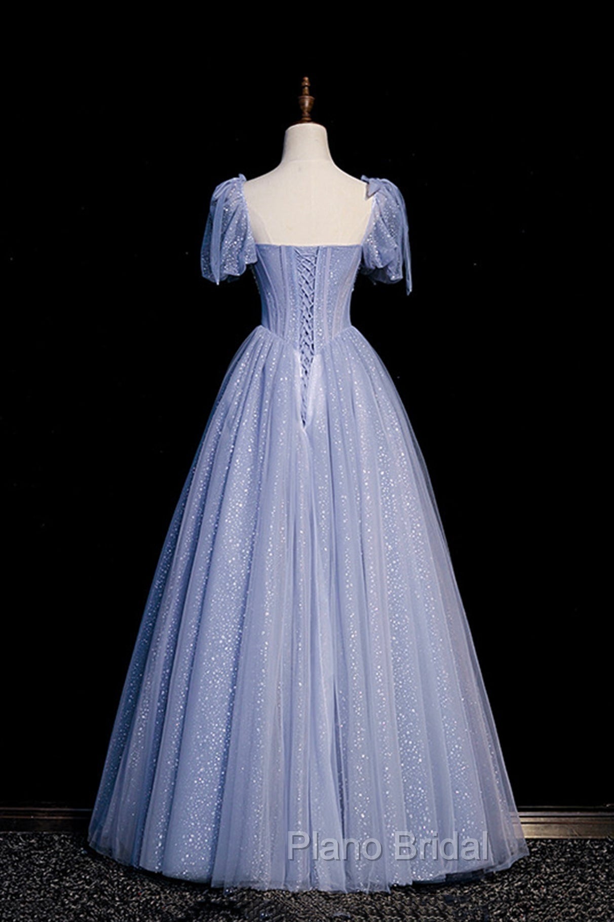Blue Tulle Beaded Long Formal Prom Dresses, A-Line Blue Evening Party Dresses