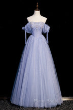 Blue Tulle Beaded Long Formal Prom Dresses, A-Line Blue Evening Party Dresses