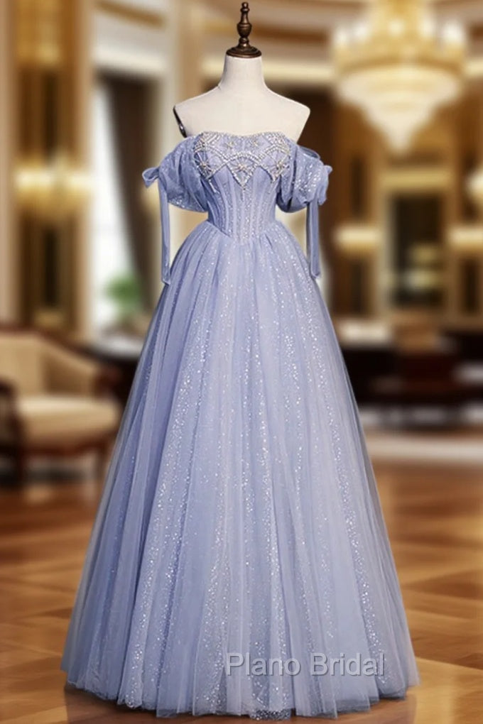 Blue Tulle Beaded Long Formal Prom Dresses, A-Line Blue Evening Party Dresses Main image