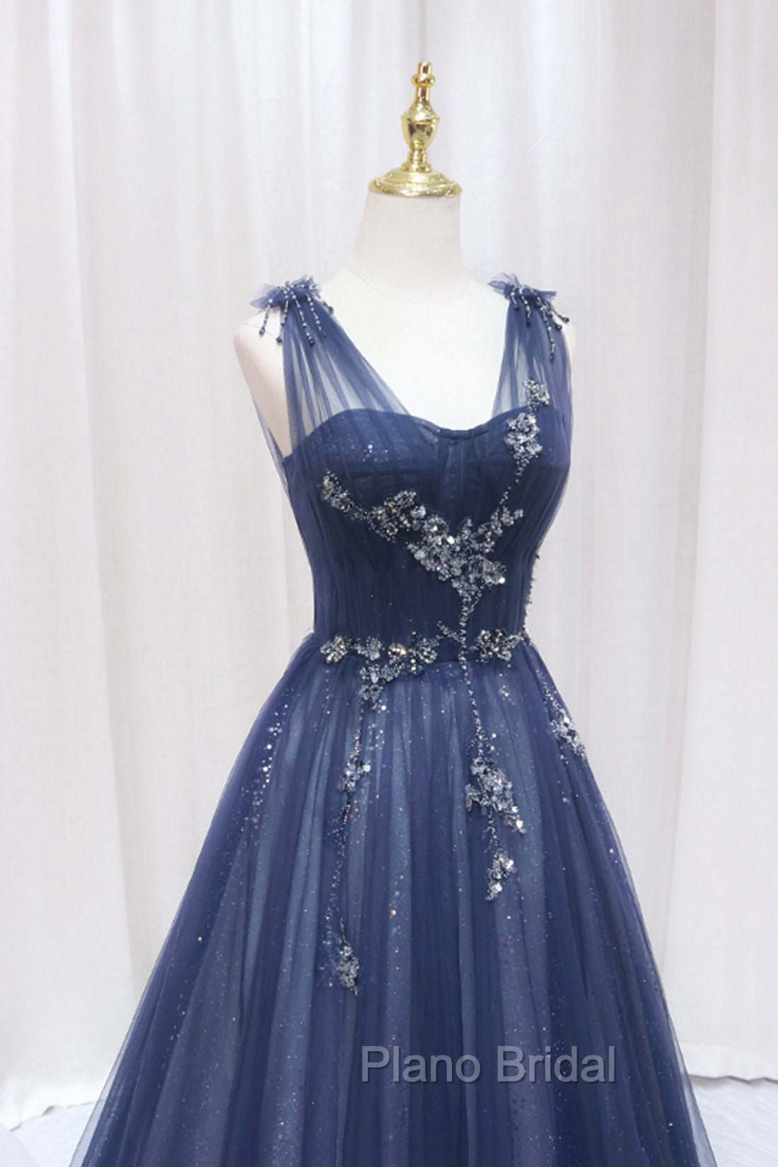 Blue Tulle Beaded Long Formal Prom Dresses, Blue A-Line Evening Party Dresses Secondary image