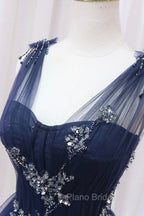 Blue Tulle Beaded Long Formal Prom Dresses, Blue A-Line Evening Party Dresses