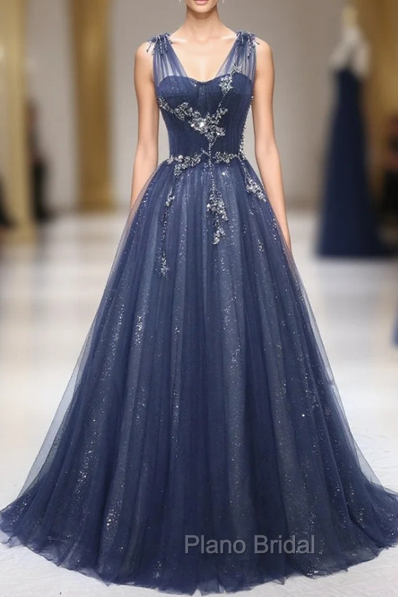 Blue Tulle Beaded Long Formal Prom Dresses, Blue A-Line Evening Party Dresses