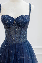 Blue Tulle Beaded Long Formal Prom Dresses Formal Dresses, Blue Evening Dresses