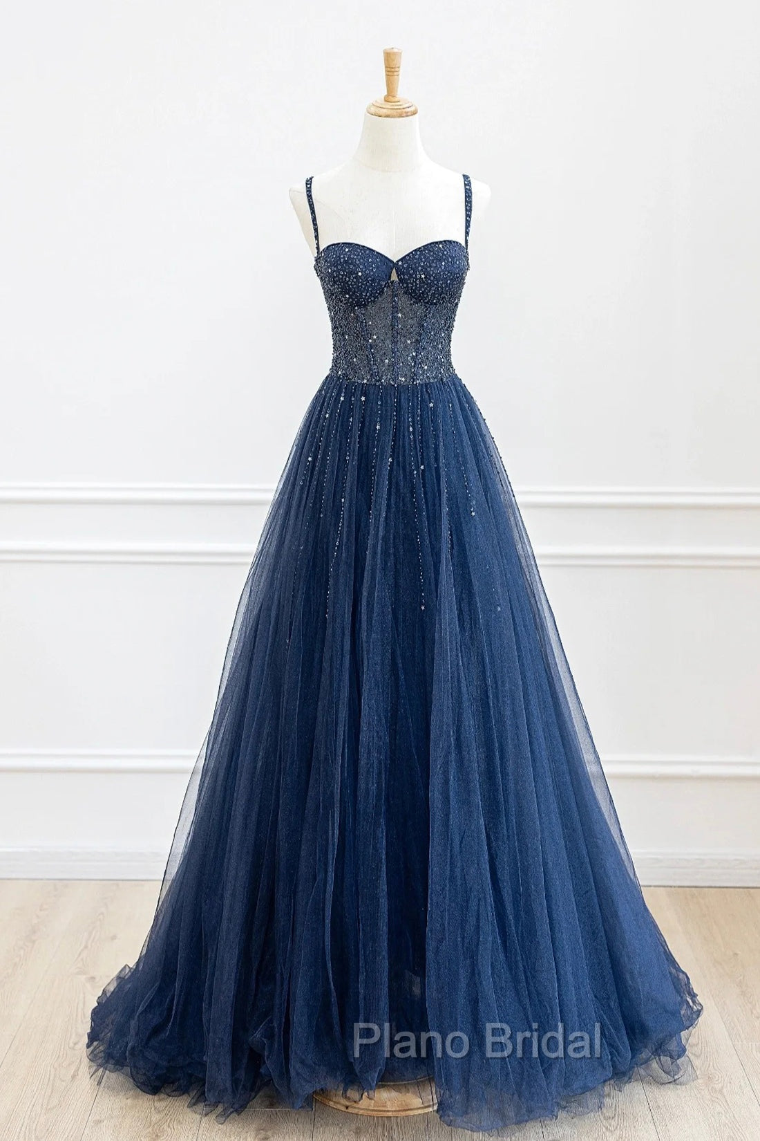 Blue Tulle Beaded Long Formal Prom Dresses Formal Dresses, Blue Evening Dresses Main image