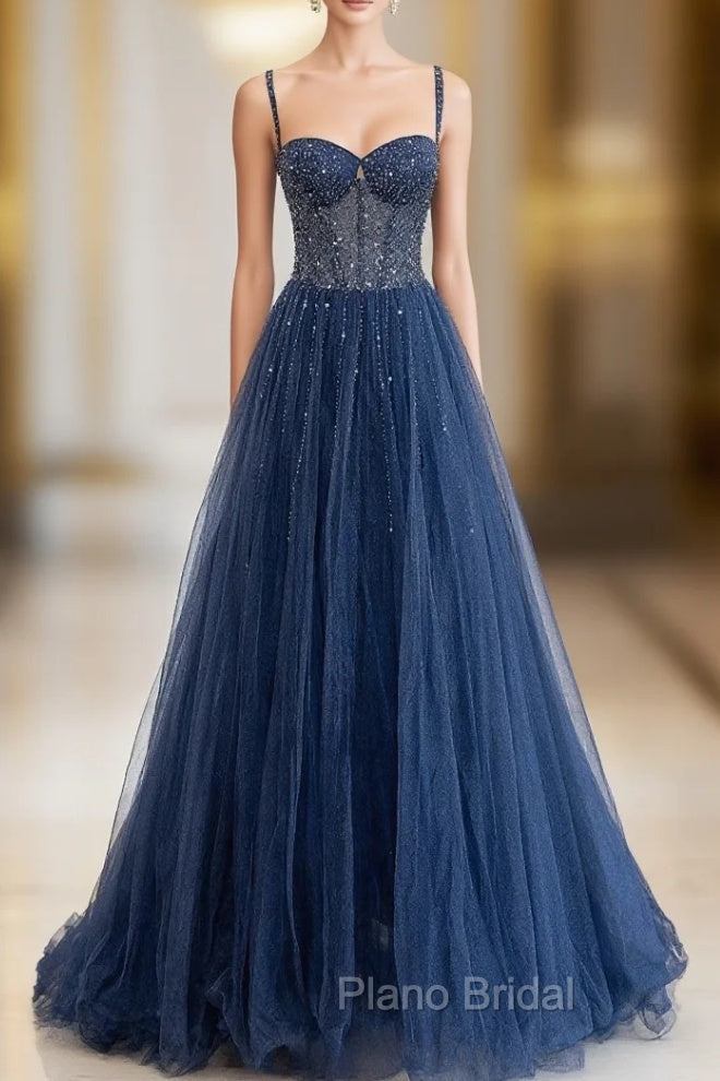Blue Tulle Beaded Long Formal Prom Dresses Formal Dresses