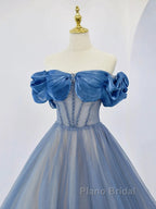 Blue Tulle Beaded Long Formal Prom Dresses, Off The Shoulder Evening Party Dresses