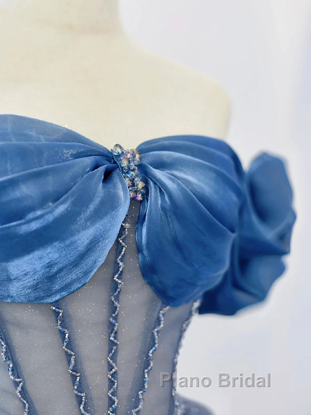 Blue Tulle Beaded Long Formal Prom Dresses, Off The Shoulder Evening Party Dresses