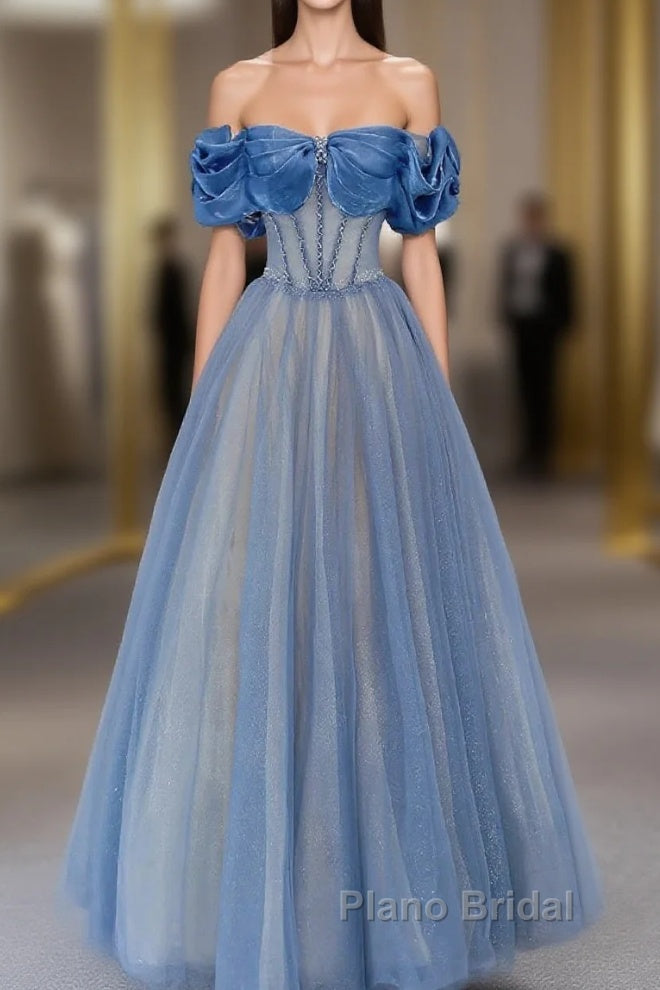 Blue Tulle Beaded Long Formal Prom Dresses, Off The Shoulder Evening Party Dresses
