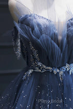 Blue Tulle Beaded Long Senior Formal Prom Dresses, A-Line Layers Beaded Long Formal Party Dresses