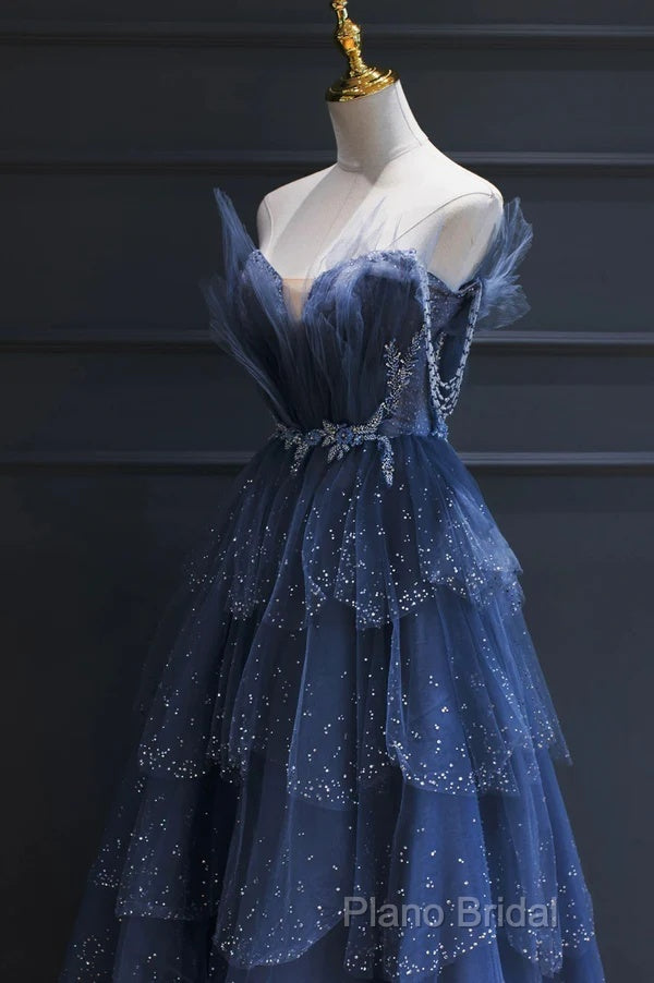 Blue Tulle Beaded Long Senior Formal Prom Dresses, A-Line Layers Beaded Long Formal Party Dresses