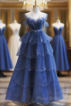 Blue Tulle Beaded Long Senior Formal Prom Dresses, A-Line Layers Beaded Long Formal Party Dresses
