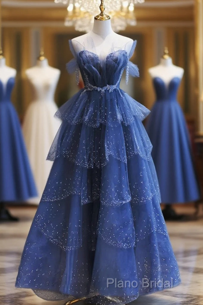 Blue Tulle Beaded Long Senior Formal Prom Dresses, A-Line Layers Beaded Long Formal Party Dresses Main image