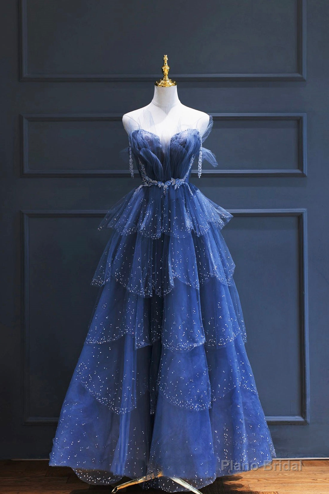 Blue Tulle Beaded Long Senior Prom Dress, A-Line Strapless Evening Party Dress Secondary image