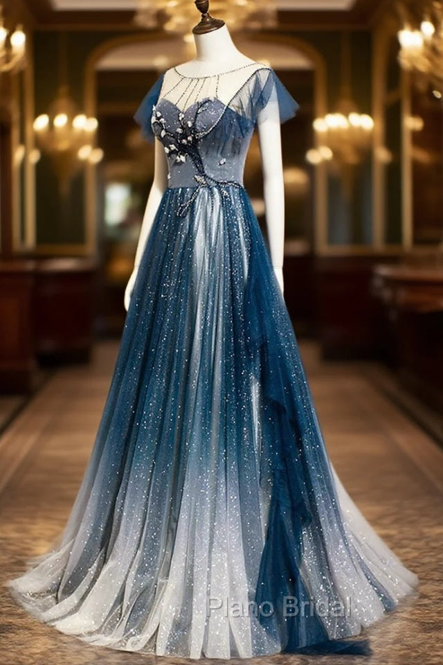Blue Tulle Beading Long A-Line Formal Prom Dresses, Scoop Neckline Evening Dresses