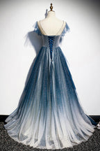 Blue Tulle Beading Long A-Line Formal Prom Dresses, Scoop Neckline Evening Dresses