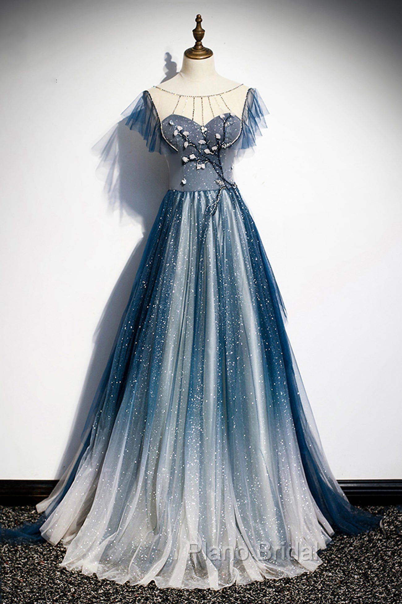 Blue Tulle Beading Long A-Line Formal Prom Dresses, Scoop Neckline Evening Dresses