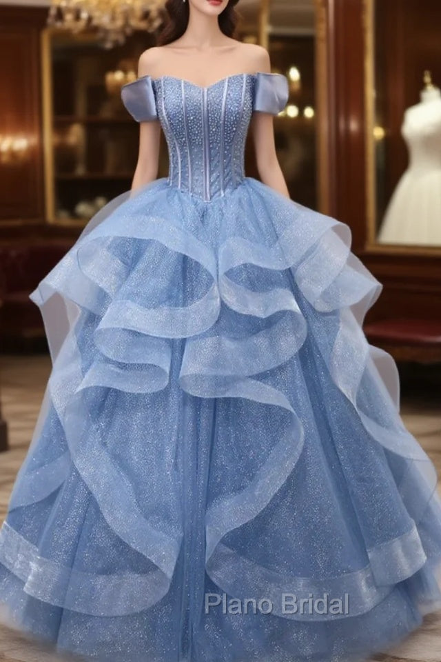 Blue Tulle Beading Off the Shoulder Formal Prom Dresses