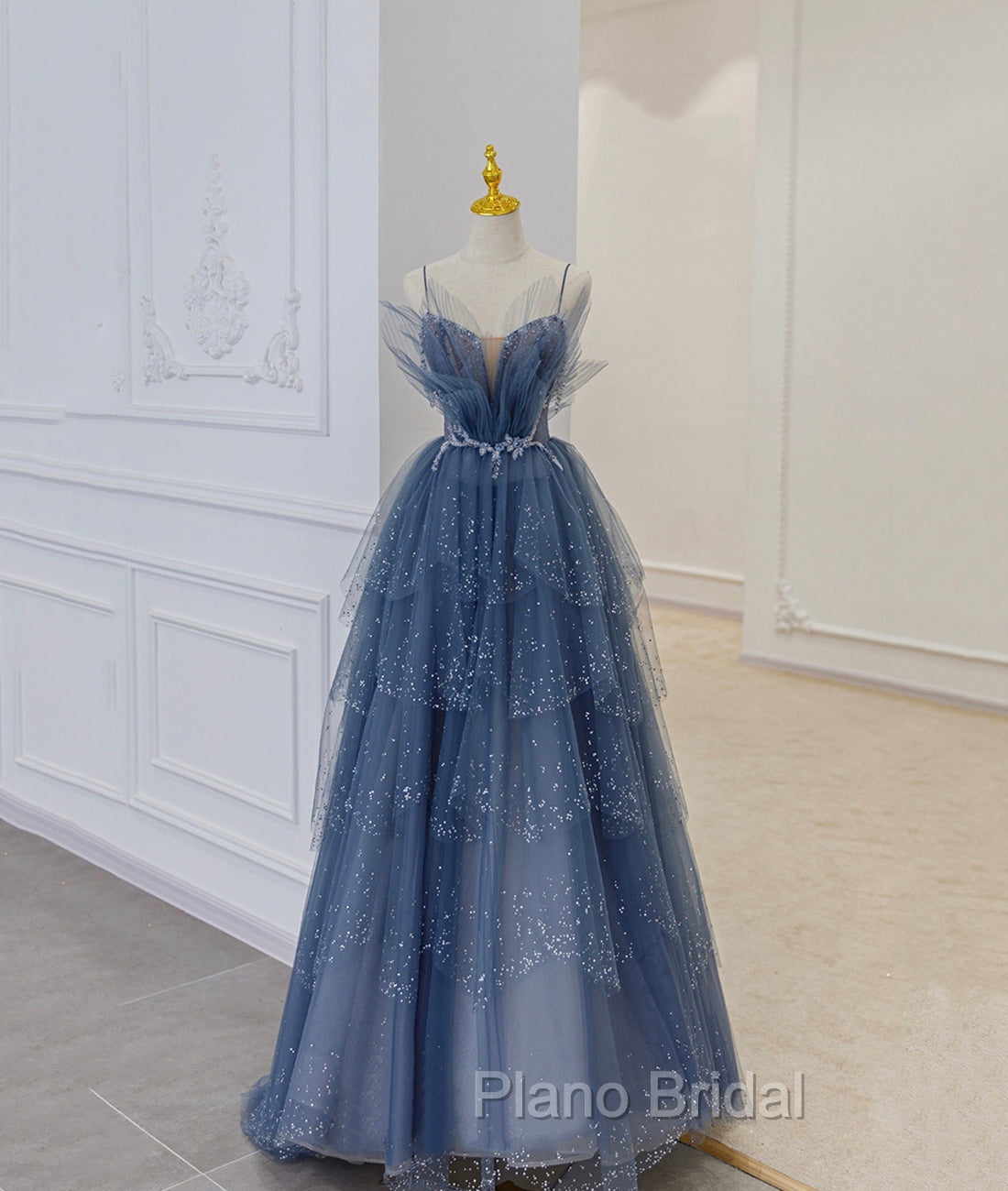 Blue Tulle Beads Long Ball Gown Dresses Blue Formal Dresses Secondary image