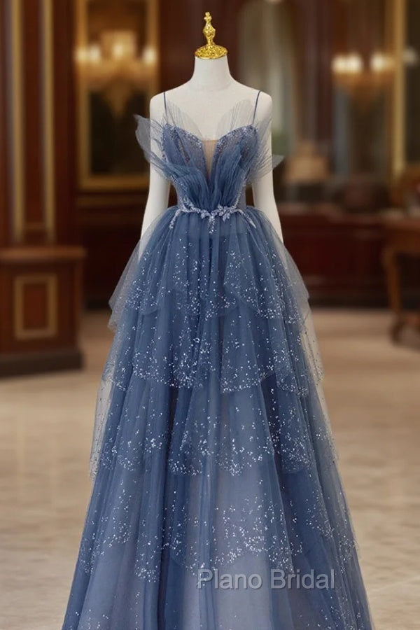 Blue Tulle Beads Long Ball Gown Dresses Blue Formal Dresses Main image