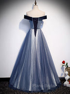 Blue Tulle Beads Long Formal Prom Dresses, Blue Tulle Formal Dresses