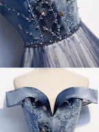 Blue Tulle Beads Long Formal Prom Dresses, Blue Tulle Formal Dresses