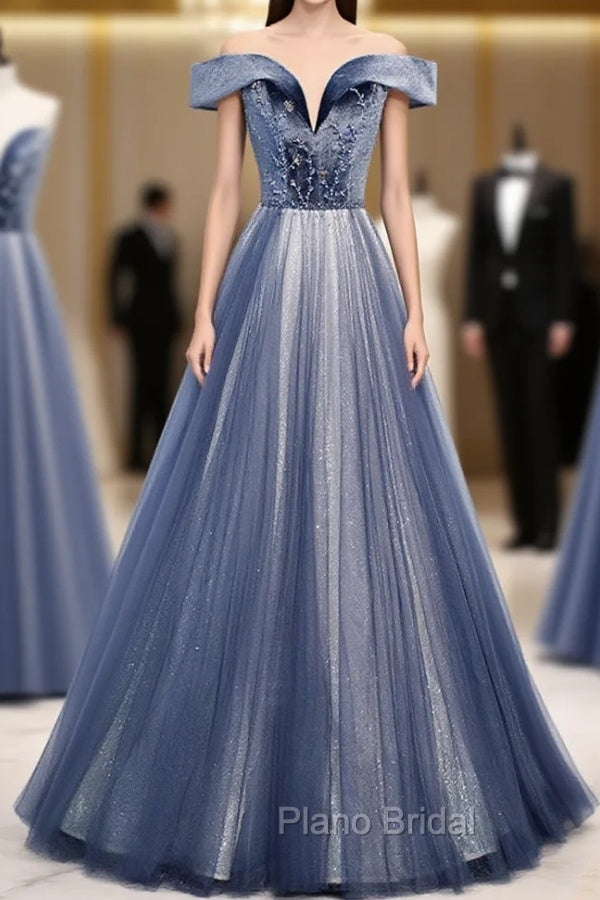Blue Tulle Beads Long Formal Prom Dresses, Blue Tulle Formal Dresses Main image